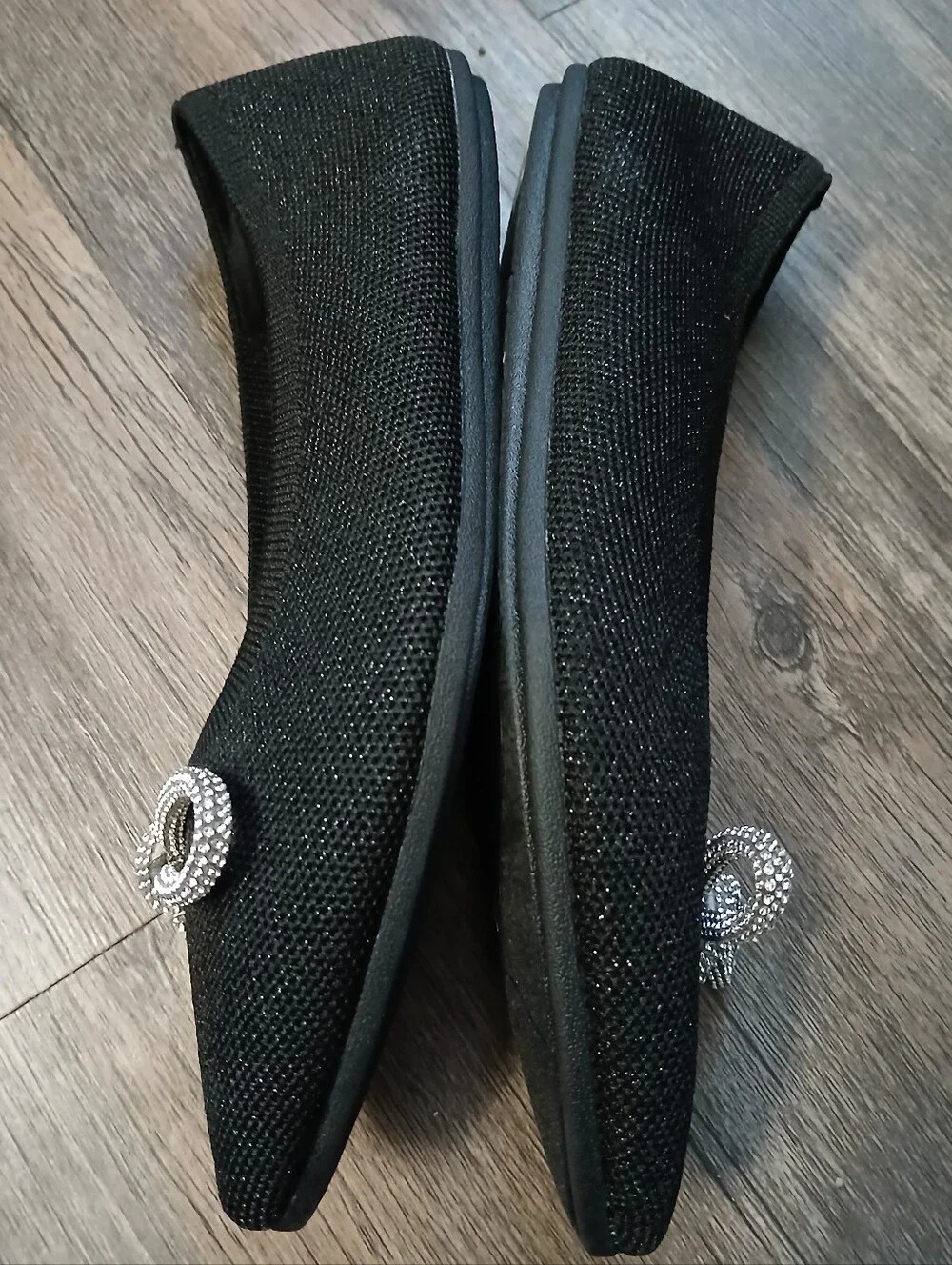 Skechers Black Pointed Toe Flats with Rhinestone Bow Accent